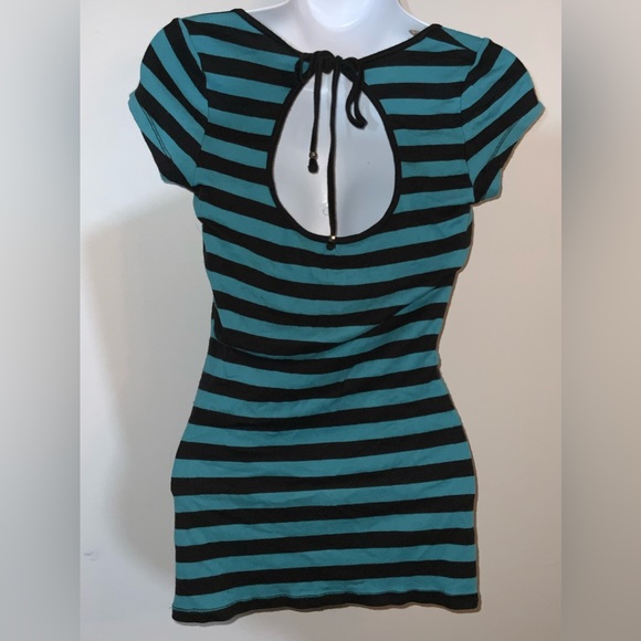 Express Teal/Black Striped Sexy Basic Tee - Fitted - Sz S - Picture 5 of 6